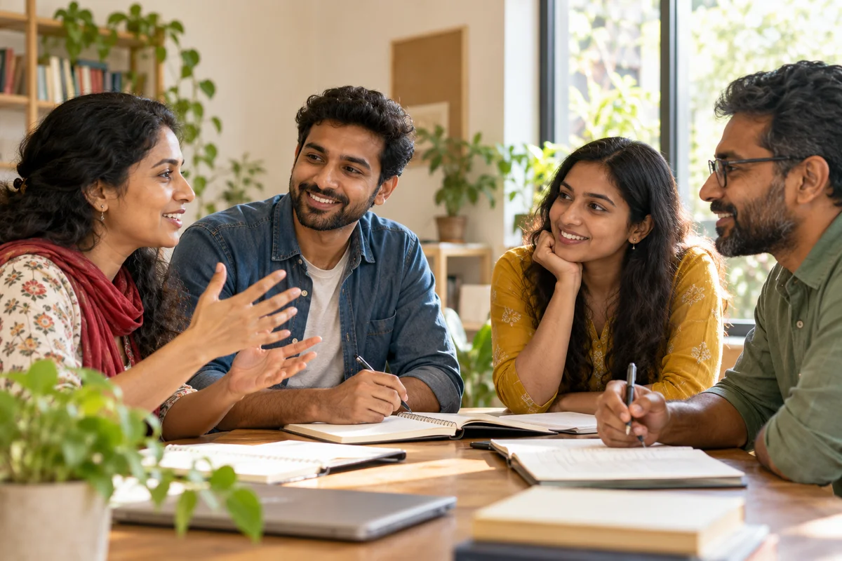 Illustrative scene of adults practising conversation